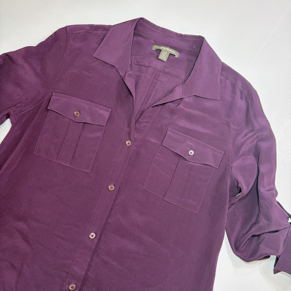 Tommy Bahama Women Small Petite Silk Button Up Shirt Plum Long Sleeve Roll Tab